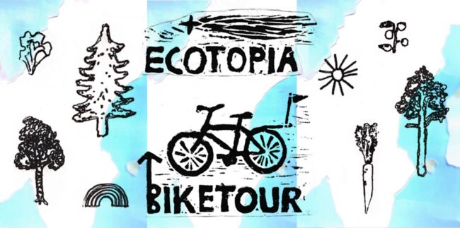 Text Ecotopia Biketour with black hand-printed pictures of trees and vegetables and a bicycle. Map of Scandinavia at the back.