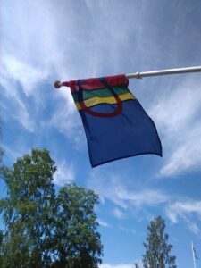 Sapmi flag on a flag pole and trees on the background.