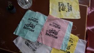 Ecotopia patches printed on different coloured fabrics.